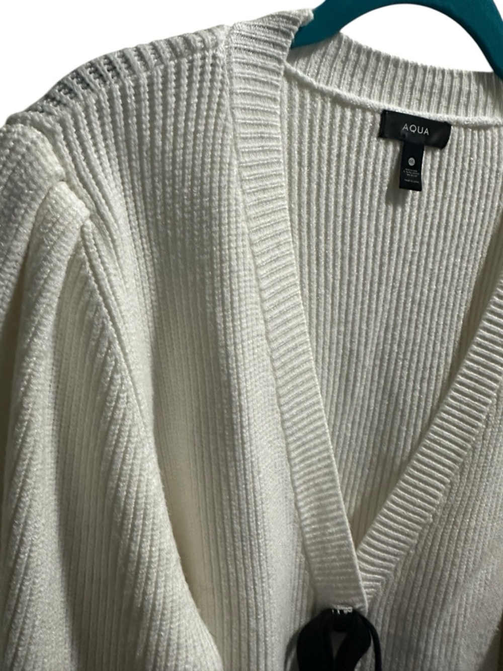 Aqua Cream Ribbed Sweater Cardigan with Black Ties size XXL - Picture 7 of 8